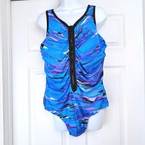 Swimsuits For All Women Sz 20 One Piece Swimsuit Blue Abstract Front Zip
